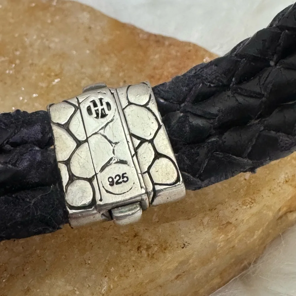 John Hardy Black Leather Men’s Bracelet w/Kali .925 Sterling Silver